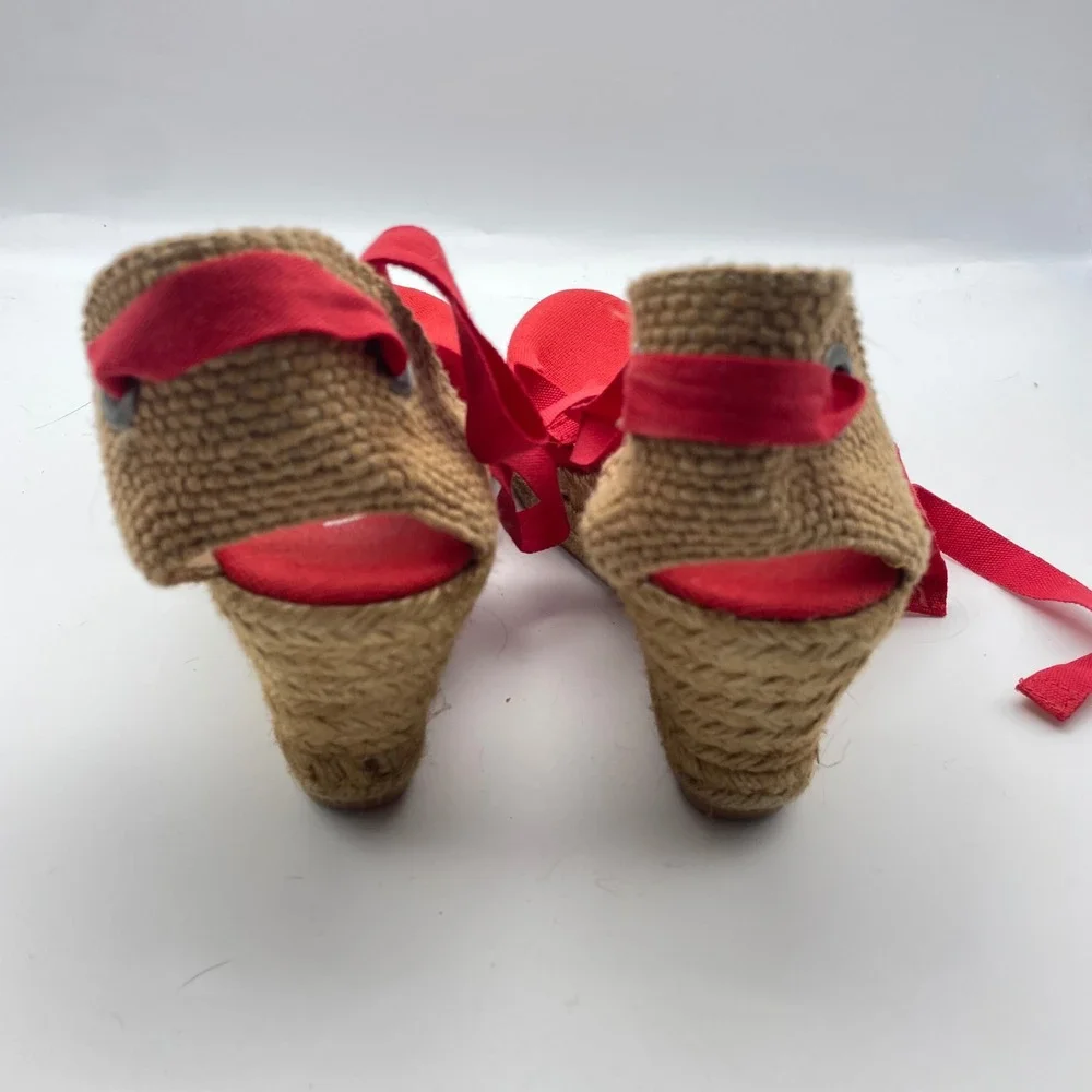Viscata Barcelona Espadrille Wedge Ankle Tie Up Red Canvas Shoes Size 41/ US 10‎